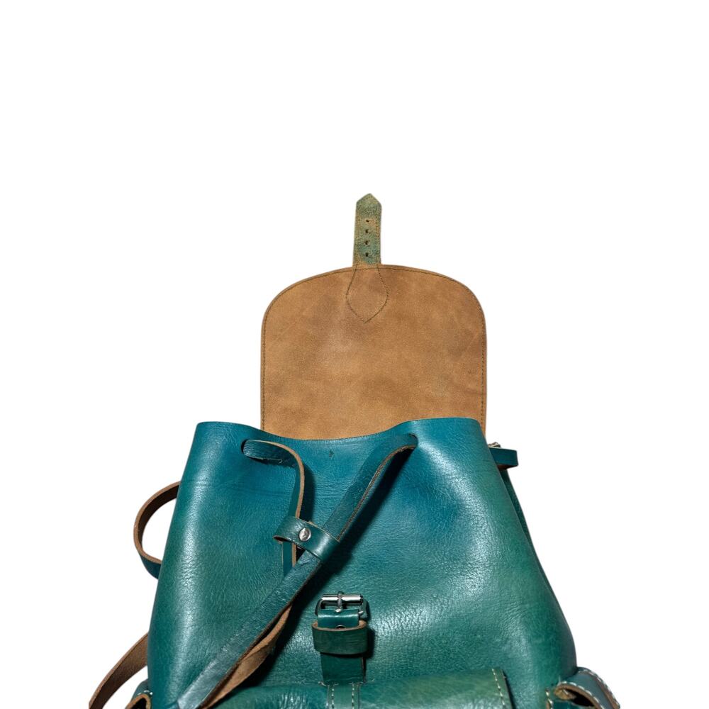 Vintage Backpack Bag Womens Teal Green Leather Rucksack Drawstring Buckle Pocket - Picture 11 of 16